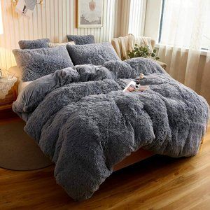 Charcoal Queen Faux Fur Comfy Plush Shaggy Duvet Cover Set Luxury Velvet w …